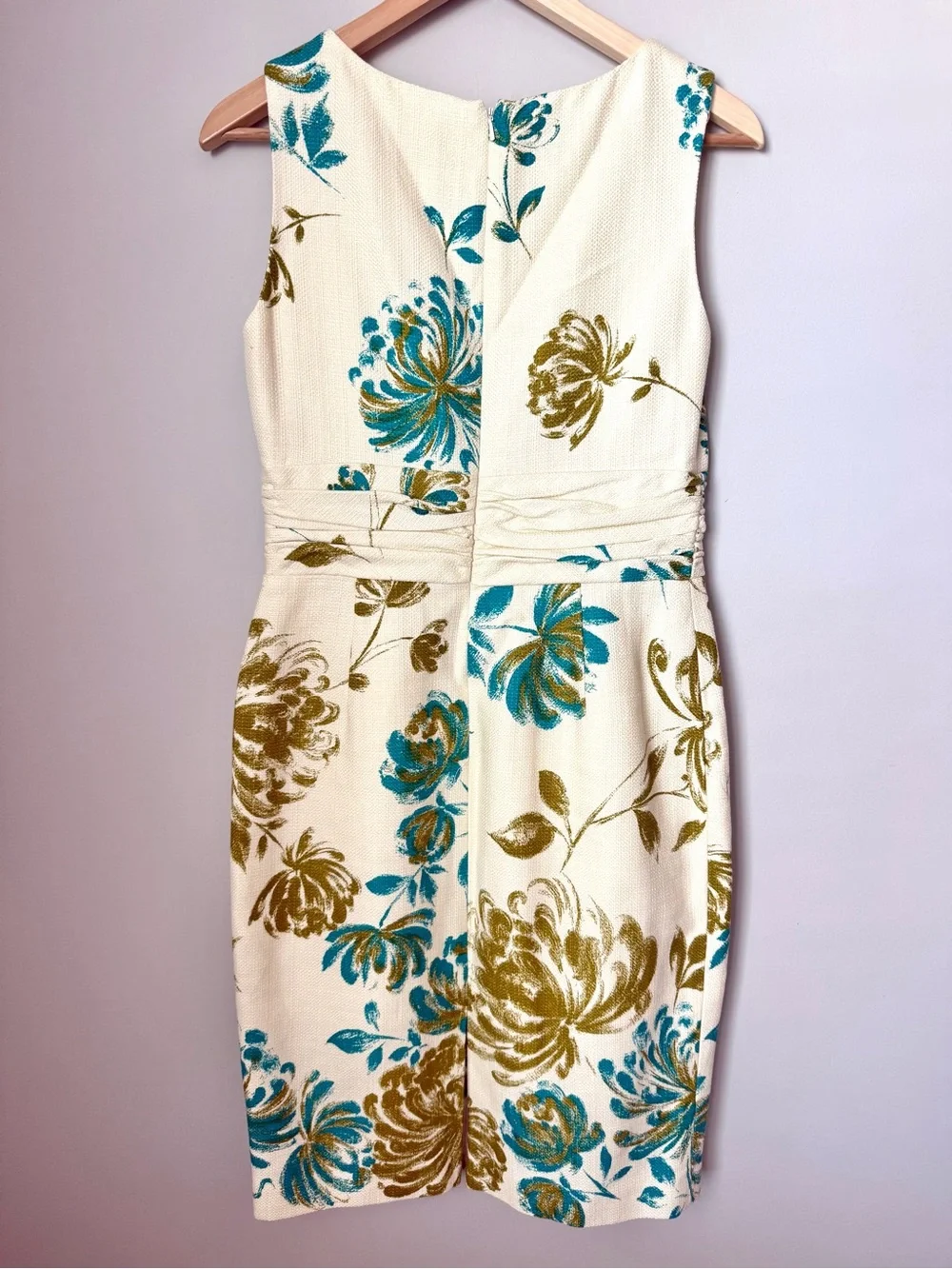 Sleeveless Cream Floral Sheath Dress with Teal & Olive Print Gathered Waistline